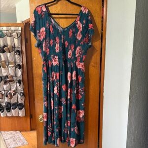 Torrid Teal with Pink Flower Midi Dress